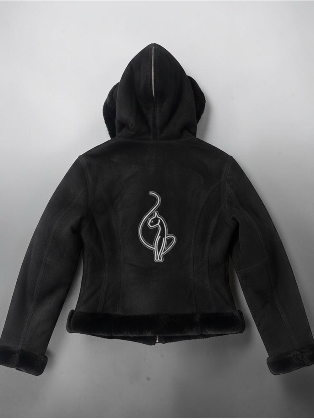 Baby Phat Black Hooded Faux-Shearling Puffer with Cat Outline
